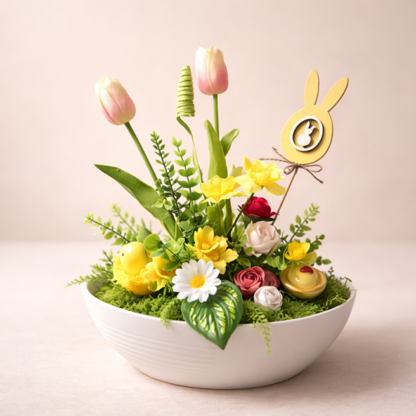 Tavaszi virágos nyuszis asztali dekor – egyedi darab