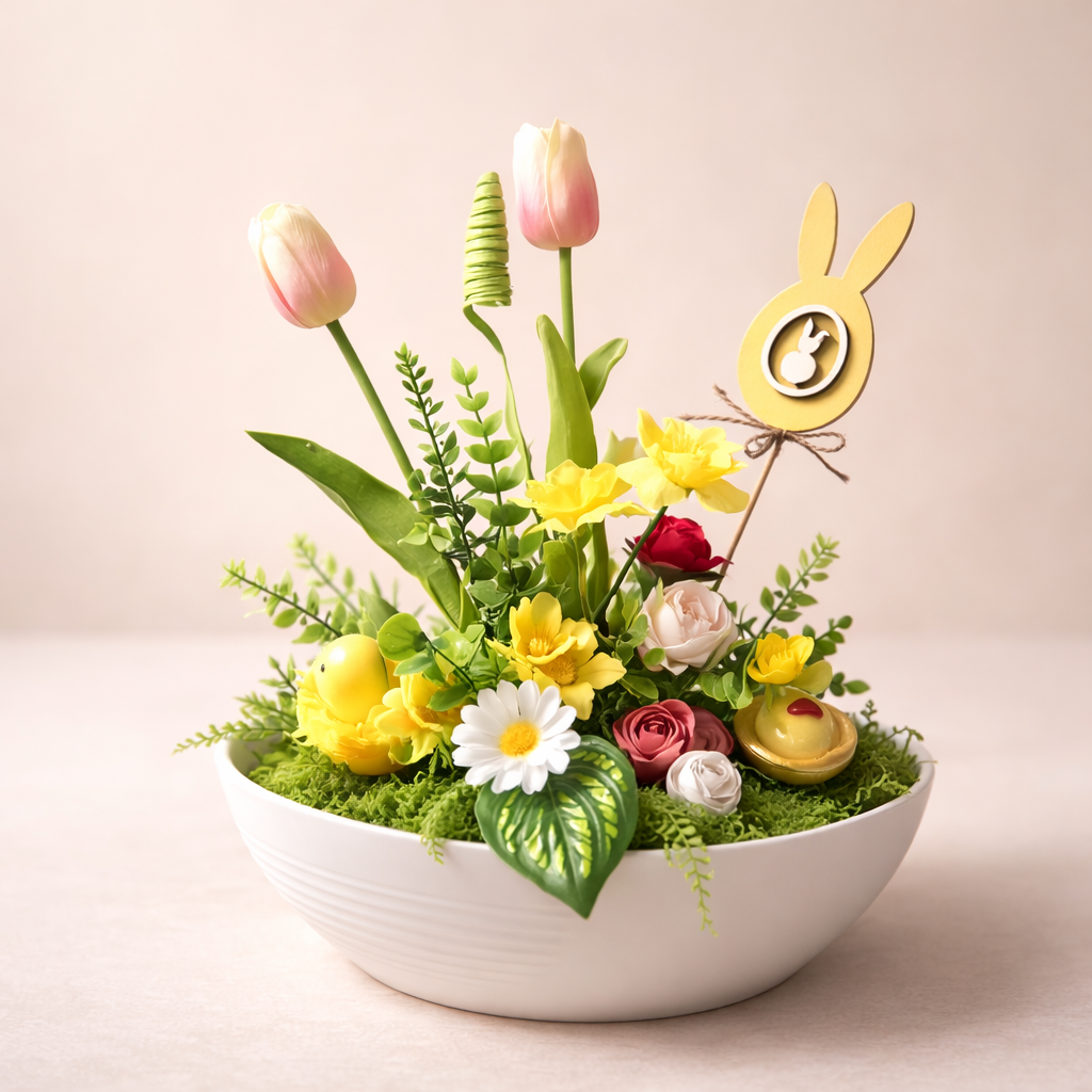 Tavaszi virágos nyuszis asztali dekor – egyedi darab - Kép 1