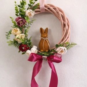 Húsvéti ajtódísz nyuszival – rózsaszín virágos tavaszi kopogtató